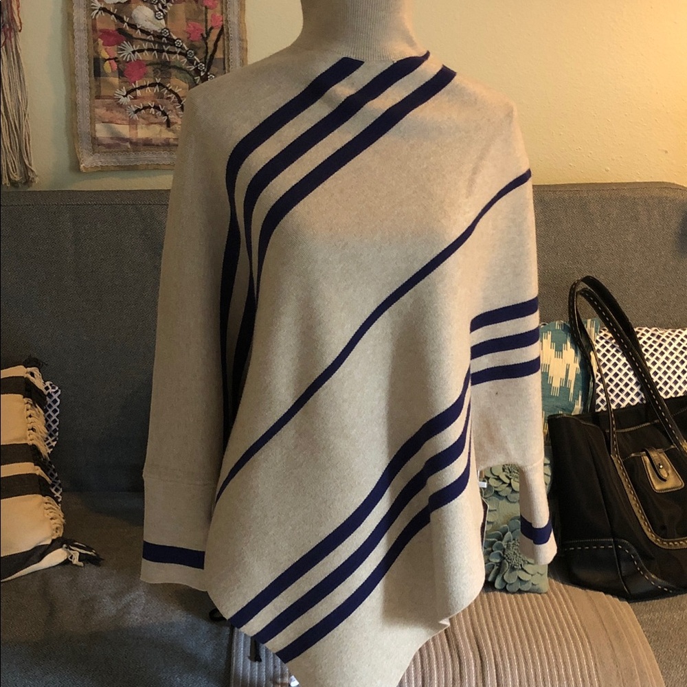 Cream & Navy Striped Women’s Poncho Sweater
